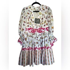 La Fuori White Floral Silk Tiered Midi Dress Small V-Neck Ruffle Sleeve